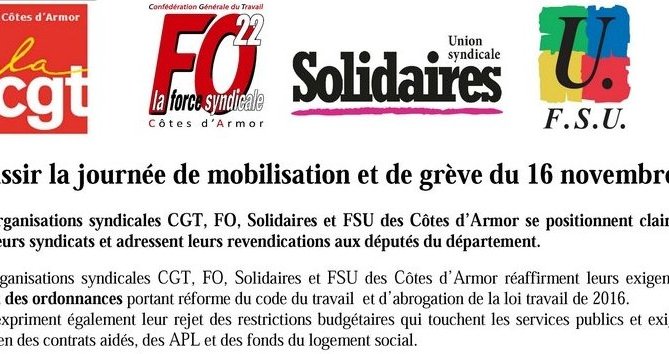 Réussir la journée de mobilisation du 16 novembre dans les Côtes d'Armor