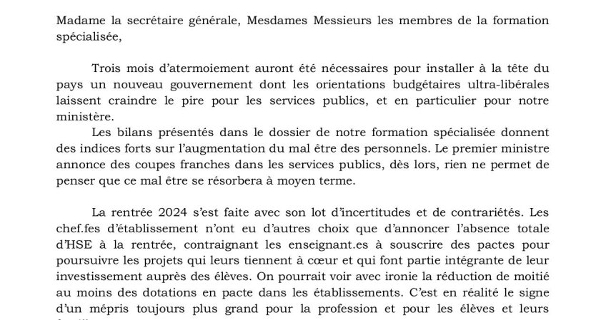 Déclaration FSU, CGT, SUD à la F3SCT académique du 8 octobre 2024